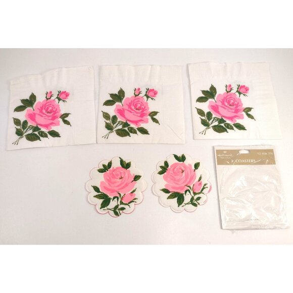 Vintage Hallmark Pink Rose Napkins & Coasters Set Beautiful Floral Flower Garden - Picture 1 of 6